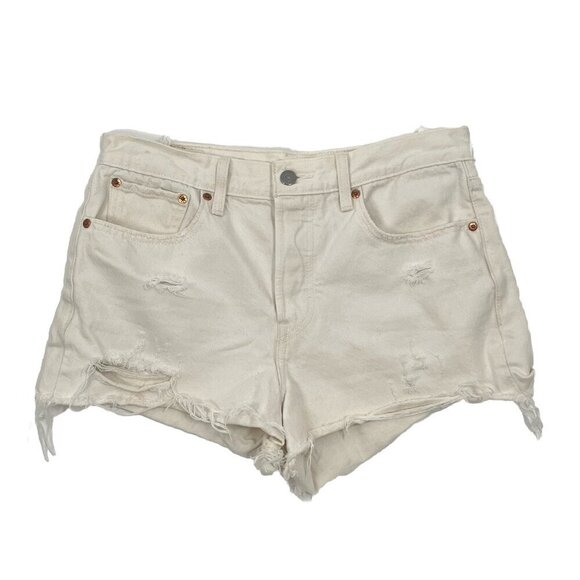 Levis White Denim Shorts Distressed Sz 30 Button Fly High Rise - Picture 1 of 5